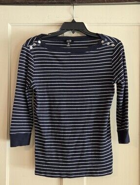 Jones New York Navy and White Striped Boatneck Top with Three-quarter Sleeves